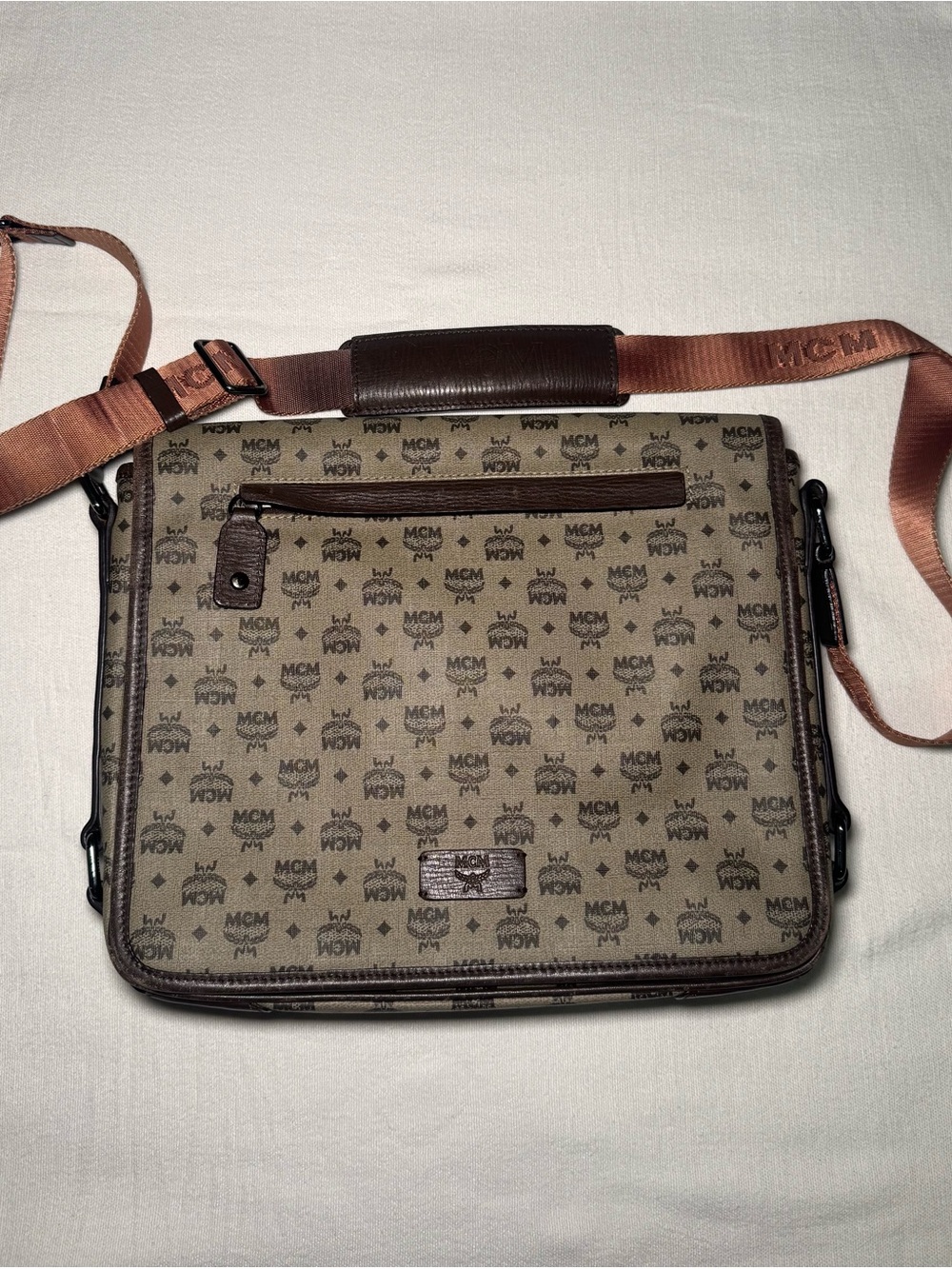 MCM Brown Logo Canvas Messenger Crossbody with Branded Strap